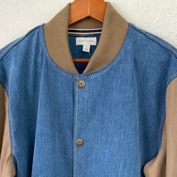 NWT, Men's Blue and Tan Colorblocked Bomber Jacket - Picture 3 of 3